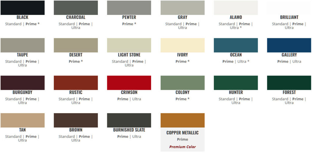 Ribbed metal roof color chart for exposed fastener metal roofing.