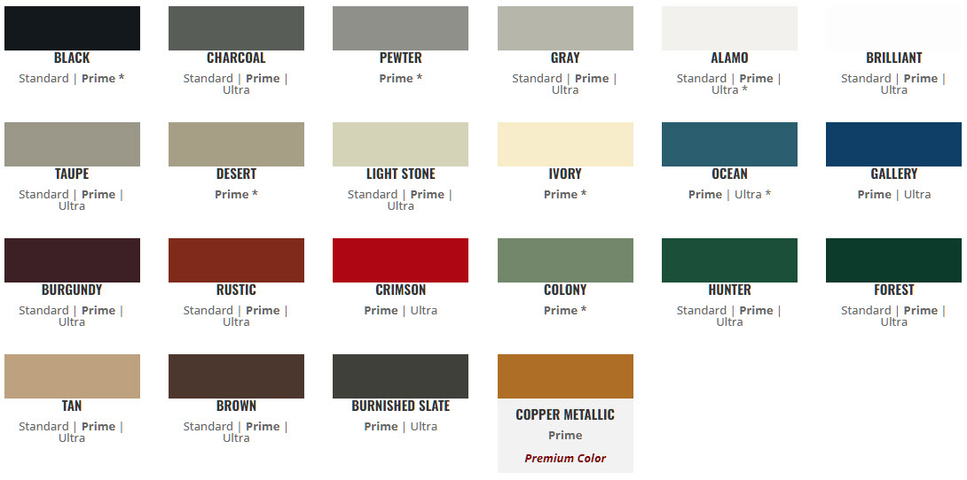 Metal roof color chart for standing seam style roofs.