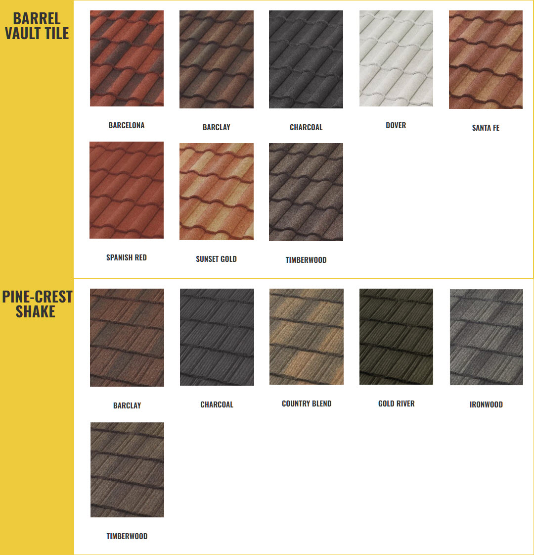 Stone coated steel roof colors for tile and shake.